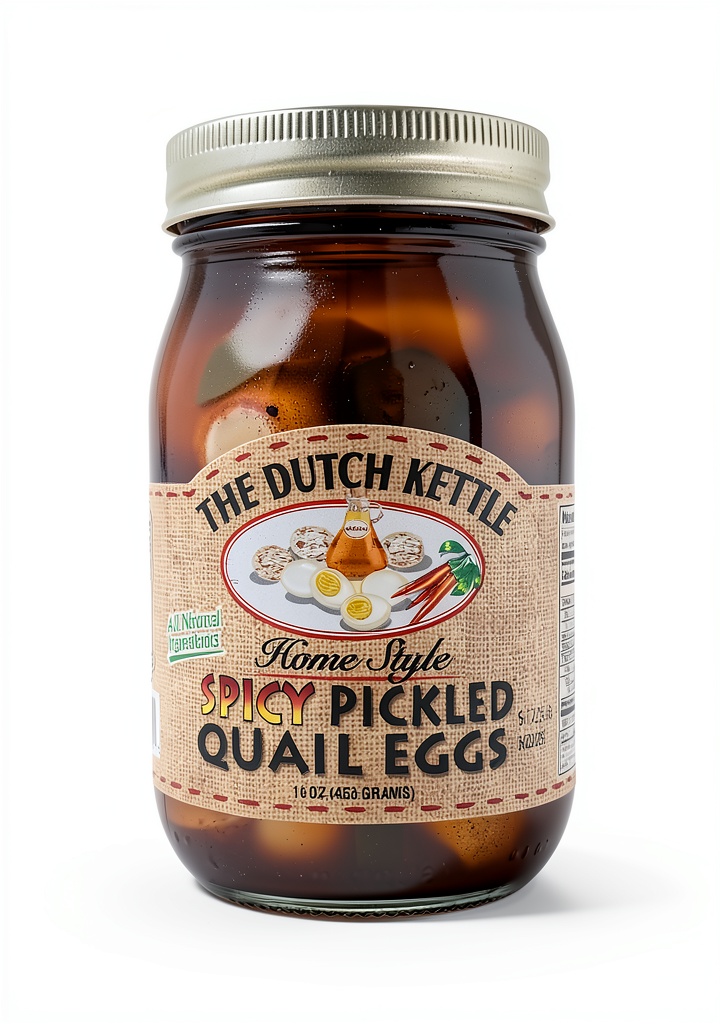 'Pickled eggs in a 16oz jar displayed on a kitchen counter'