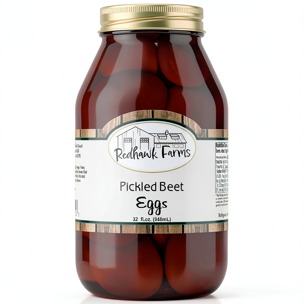 Redhawk Farms Pickled Eggs Gluten Free Amish Made displayed on a kitchen countertop