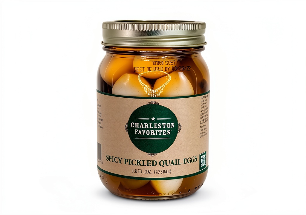 'Charleston Favorites Spicy Pickled Quail Eggs in a mason jar on a charcuterie board'